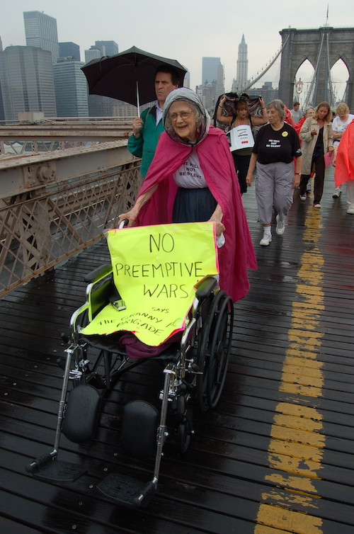 Grannies walking over the Brooklyn Bridge