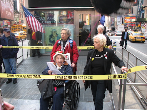 Grannies wrapping up the recruting center in Times Square